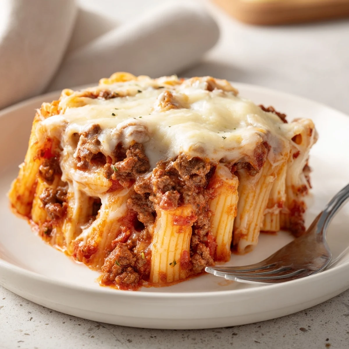 Cheesy Beef & Penne Bake with golden cheese and savory beef, a comforting family favorite.  