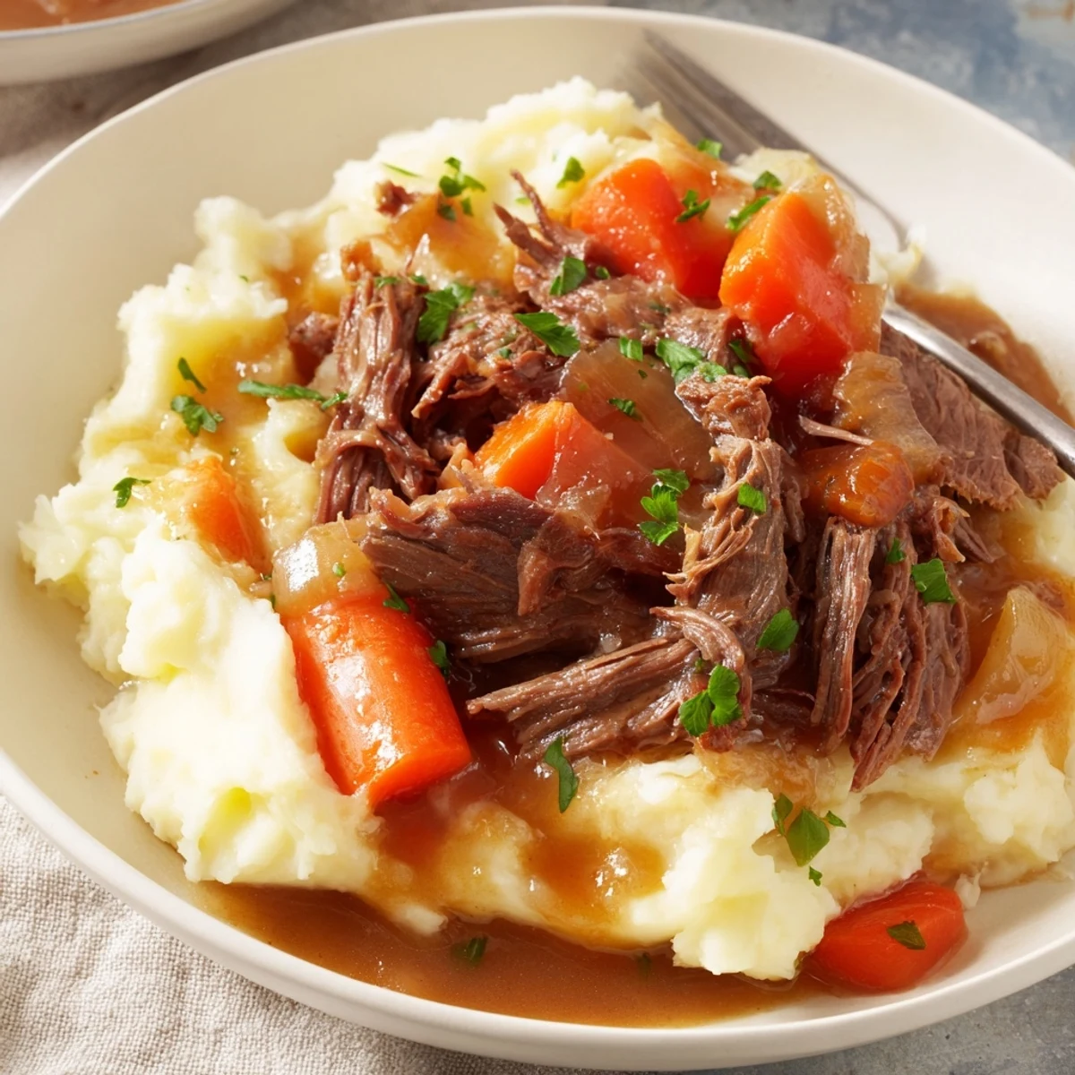 Slow Cooker Pot Roast with Mashed Potatoes, served with savory gravy and vibrant vegetables.