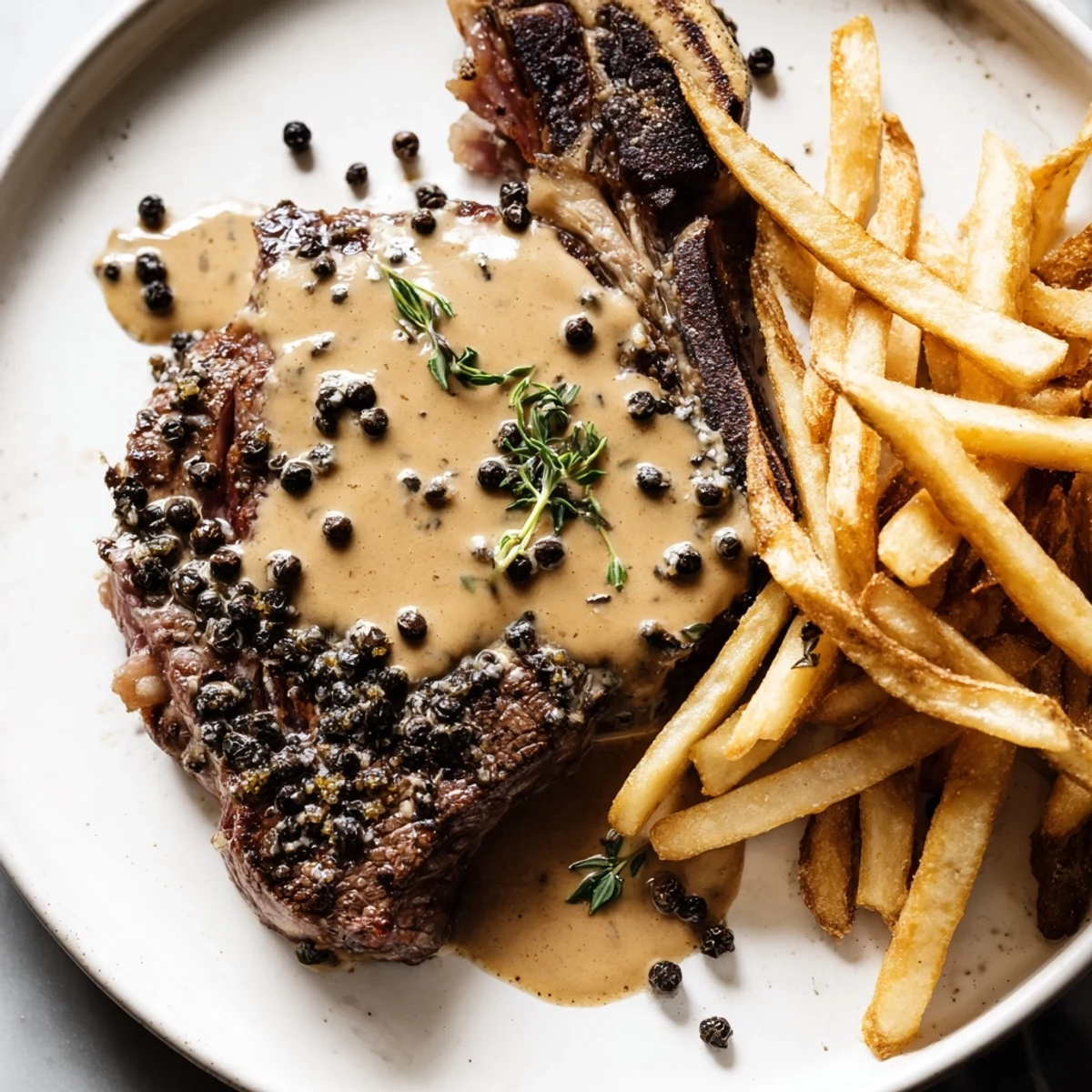 Juicy Classic Peppercorn Ribeye, topped with creamy sauce and served with crispy fries.
