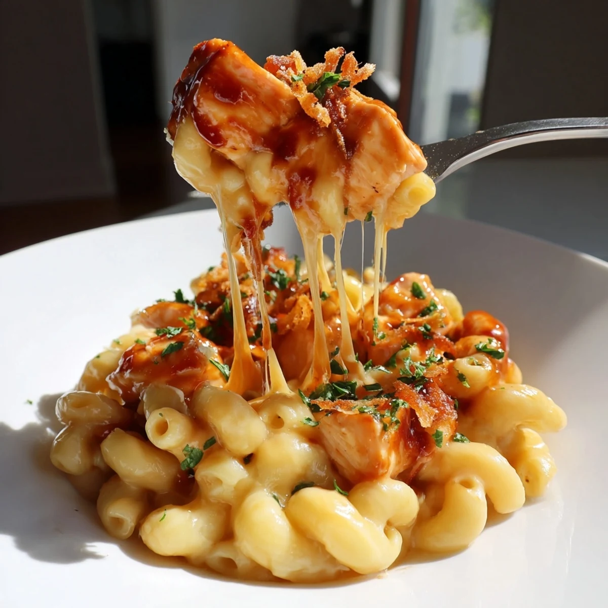 Creamy One-Pot Honey BBQ Chicken Mac and Cheese with smoky flavors and melted cheese.  
