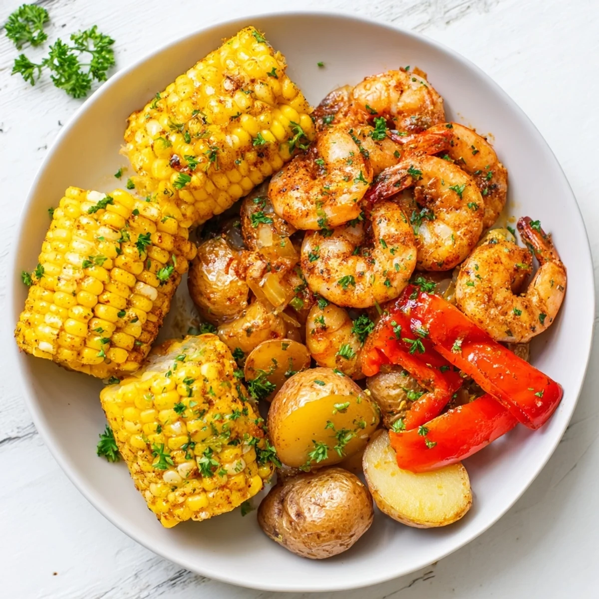 Spicy Cajun shrimp & sweet corn platter with vibrant bell peppers, perfect for a gluten-free dinner.