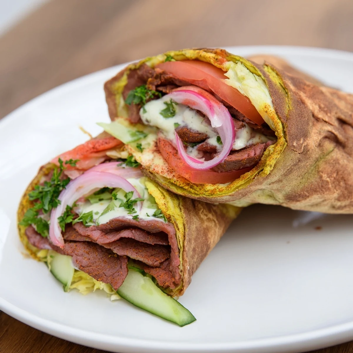 Golden strips of savory Beef Shawarma ready to be wrapped in soft flatbread, delicious meal.