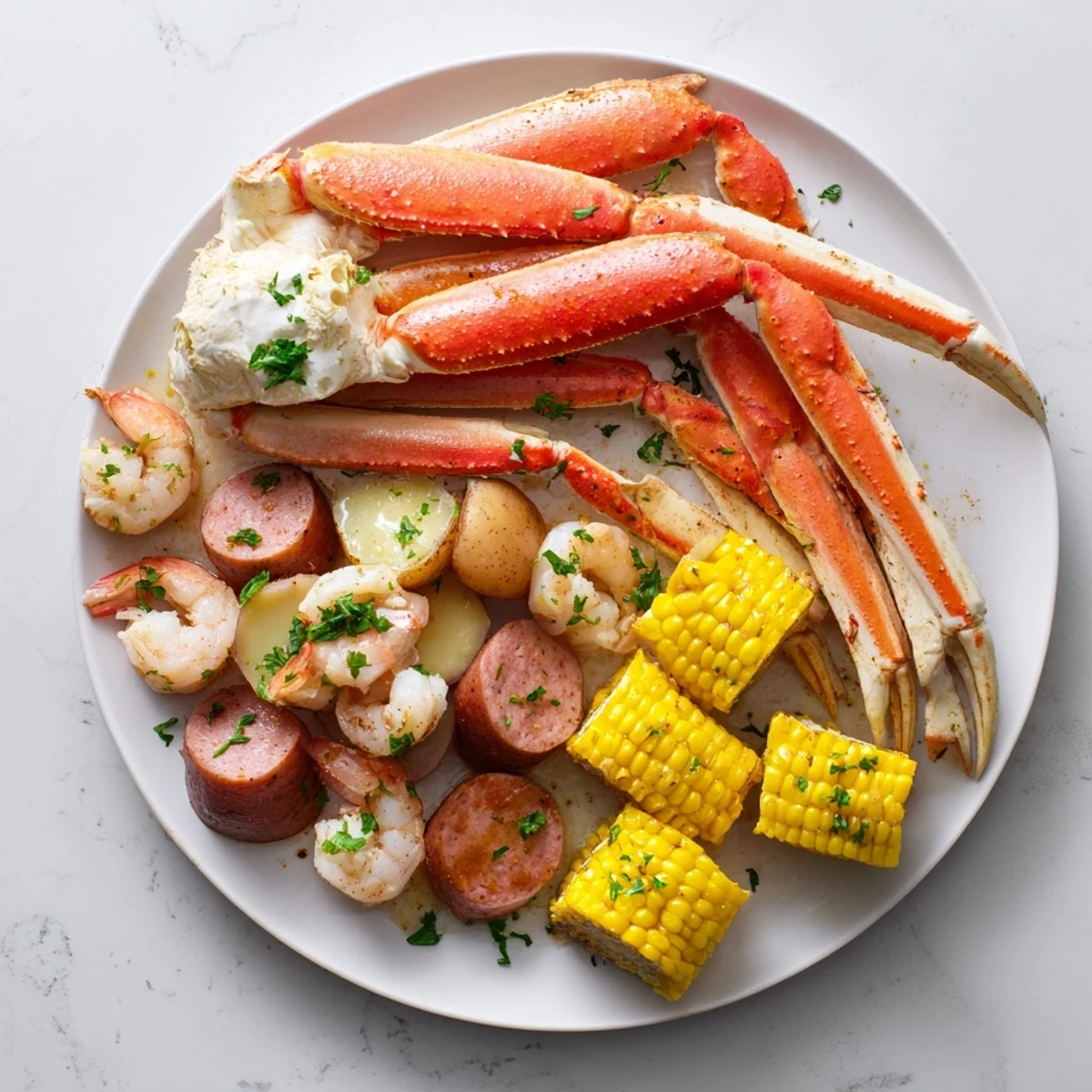 A close-up of a delicious seafood boil with crab legs, shrimp, sausage, and buttery potatoes.
