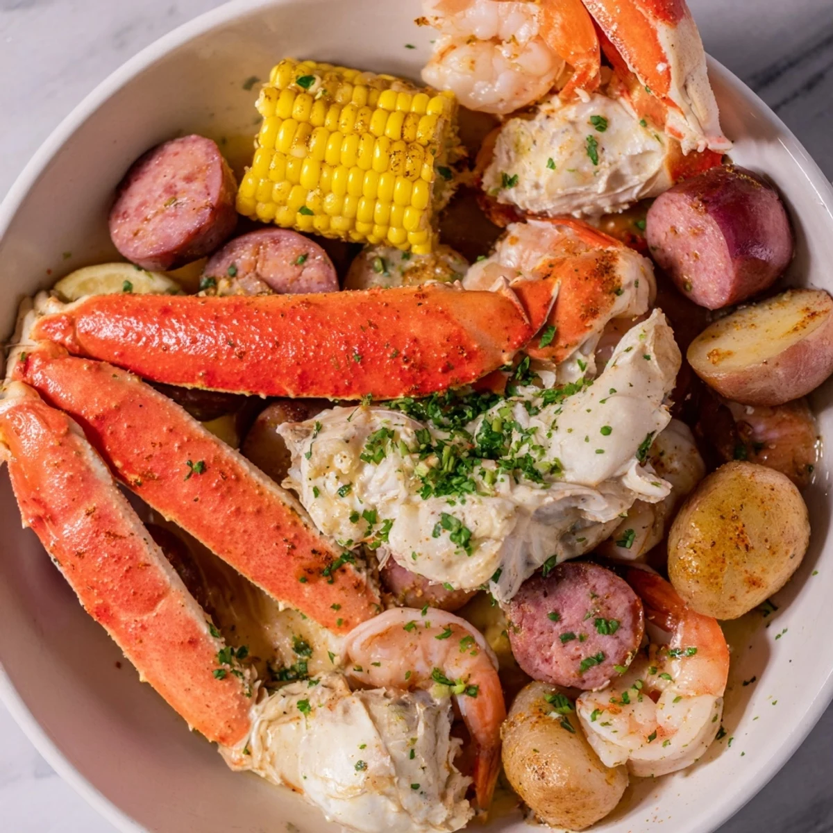 Steaming seafood boil with crab, shrimp, sausage, and corn arranged on a platter ready to serve.