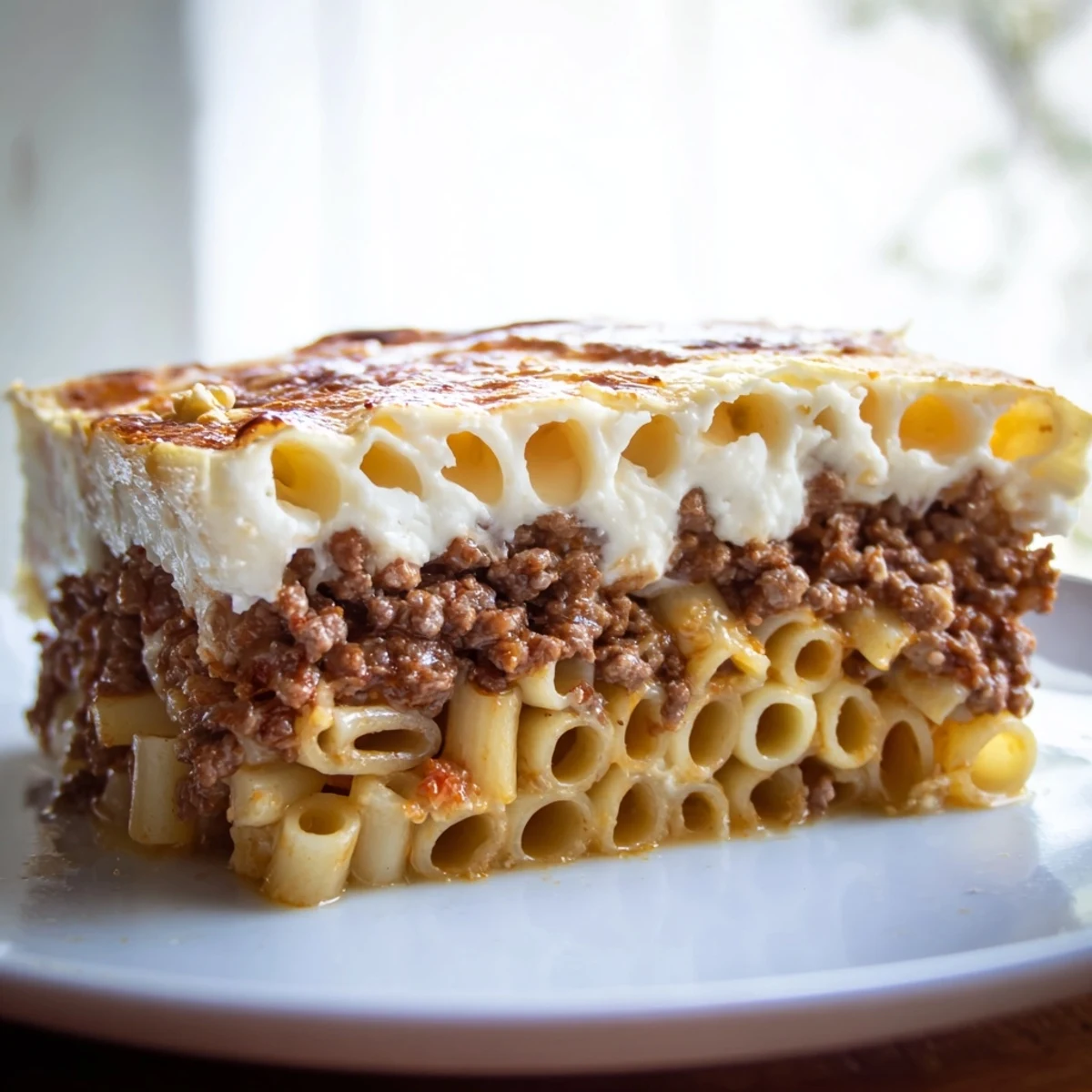 Golden-brown Greek Pastitsio, a comforting baked casserole, promises savory spiced beef and creamy layers.