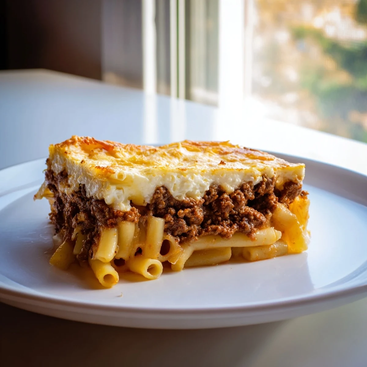 A generous serving of Greek Pastitsio, bubbling hot and layered, with a rich, creamy béchamel sauce.
