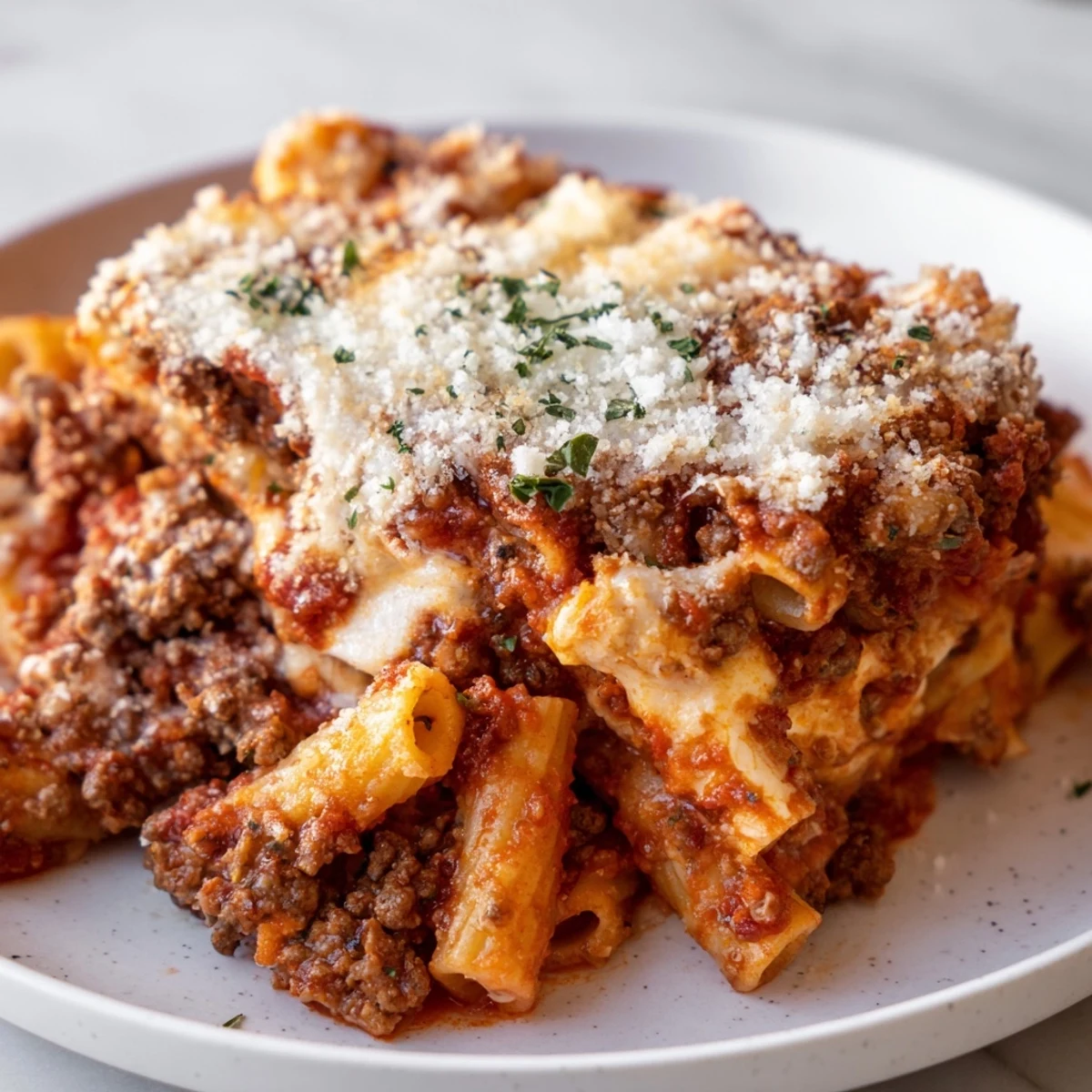 Golden-brown, bubbly Baked Ziti with Meat Sauce, a classic Italian-American comfort food casserole.