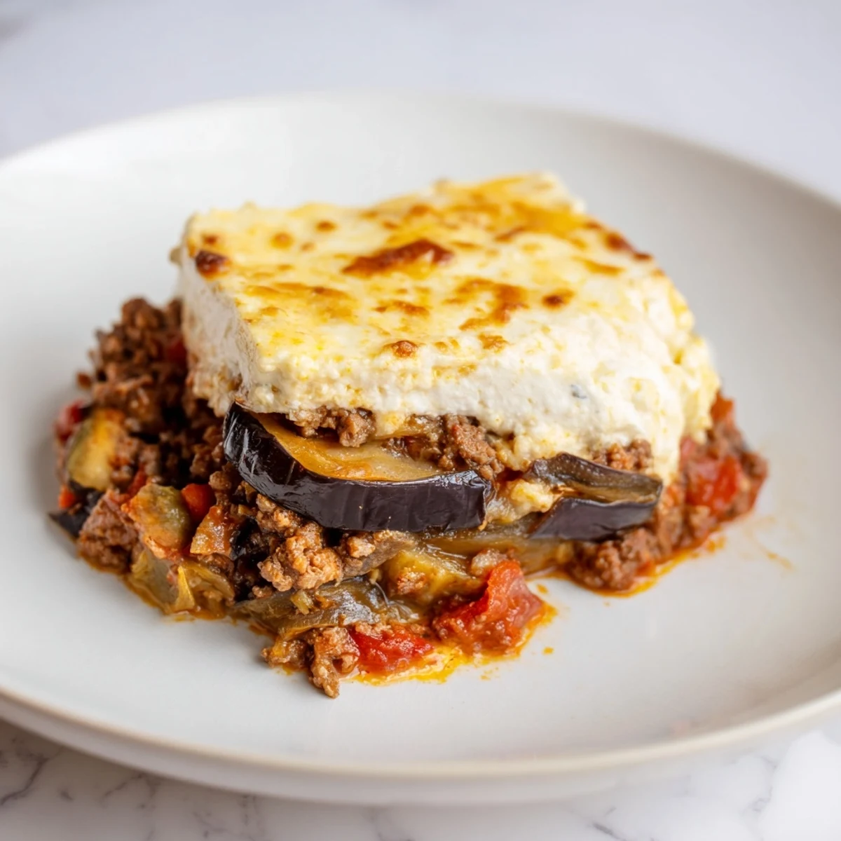 A steaming, bubbly slice of the flavorful moussaka, filled with savory beef and tender eggplant.