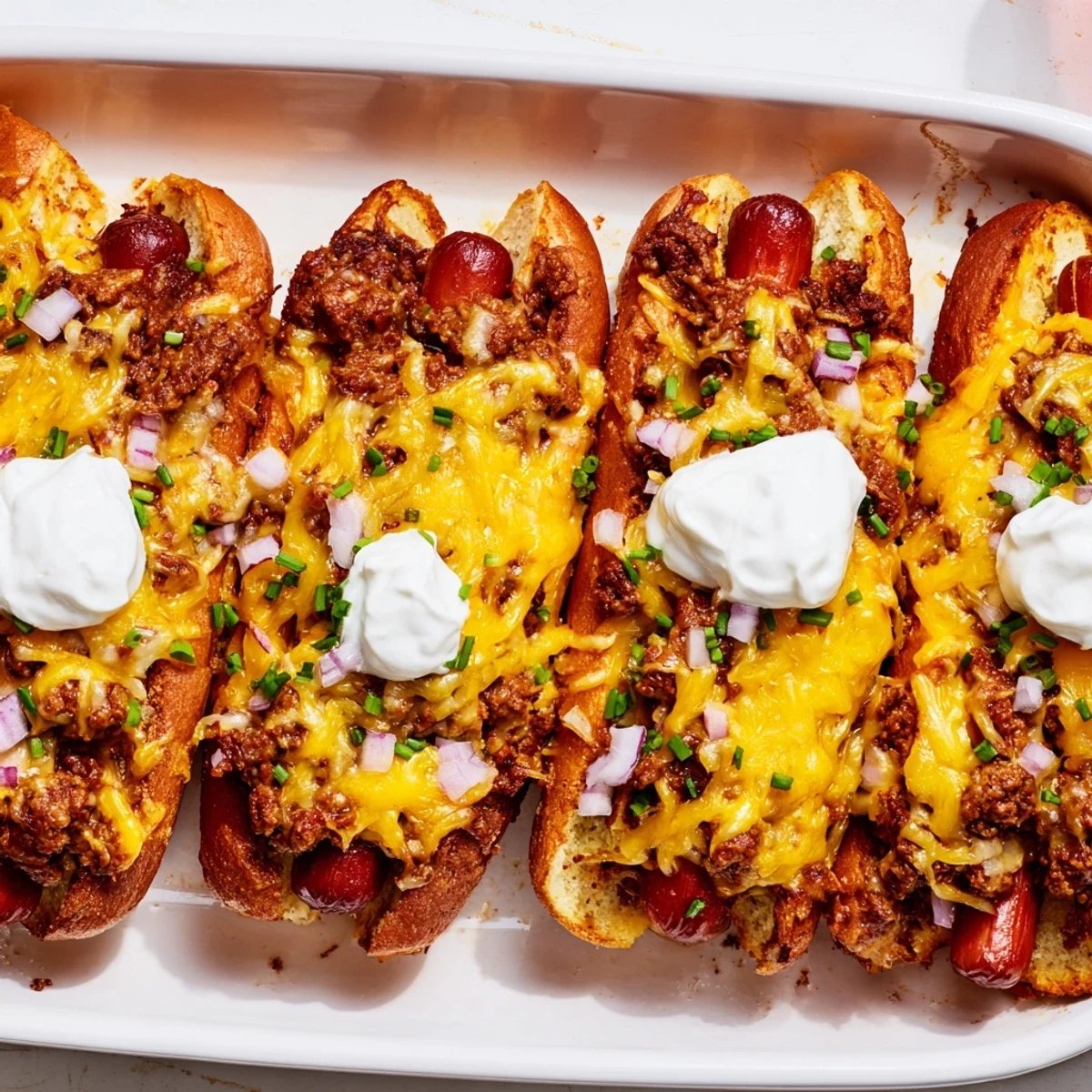 Golden, bubbly Chili Dog Casserole topped with melty cheese and fresh green chives, ready to eat.