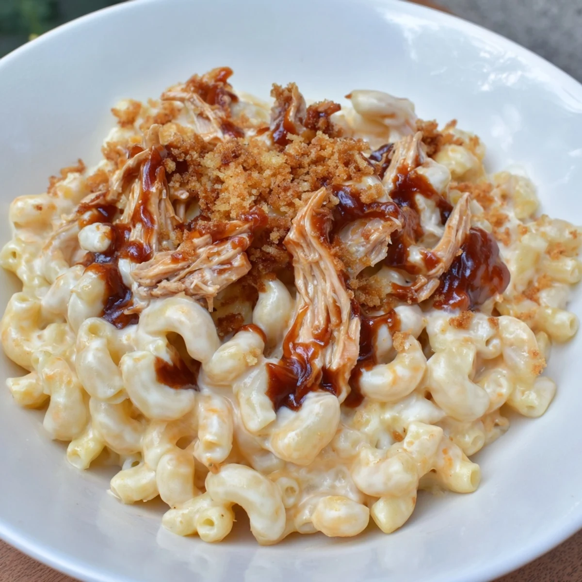 Golden, bubbly Classic Mac & Cheese with BBQ Chicken, a comfort food casserole ready to serve.