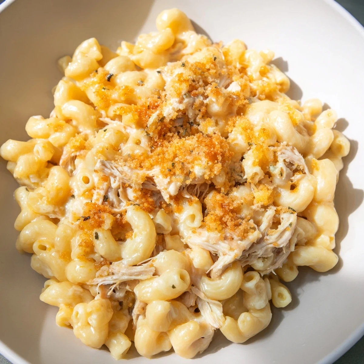 Creamy Classic Mac & Cheese with BBQ Chicken, a perfect family meal with smoky chicken topping.