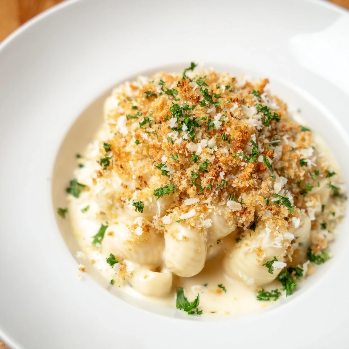 Golden-brown truffle macaroni & cheese, bubbly from the oven, ready for a comforting dinner.