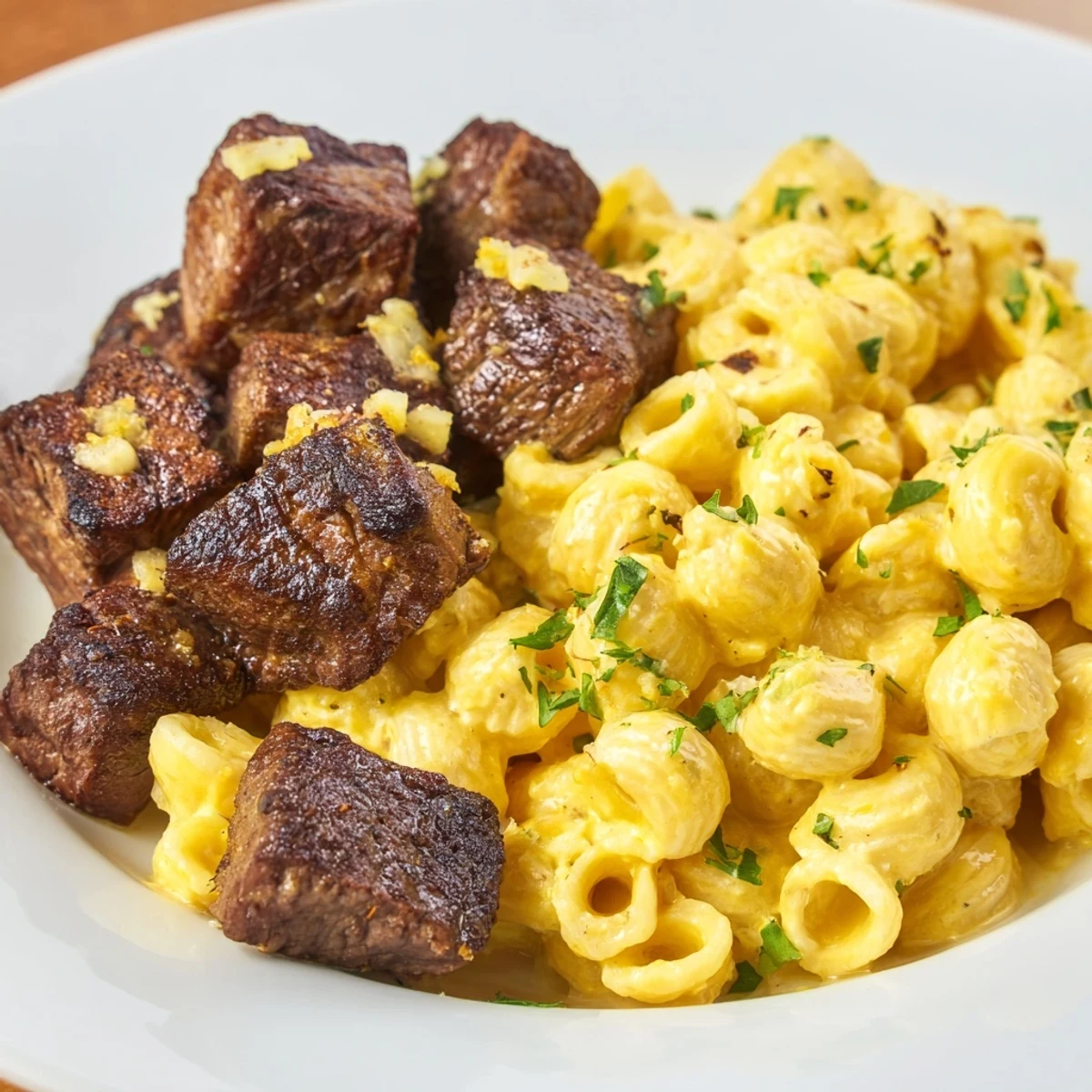 Sizzling garlic butter coats these tender Garlic Butter Steak Bites, served atop cheesy shells.