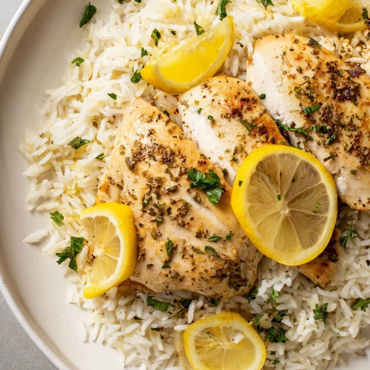 Tender Lemon Pepper Chicken with rice, offering a bright, flavorful dinner, garnished with lemon slices.