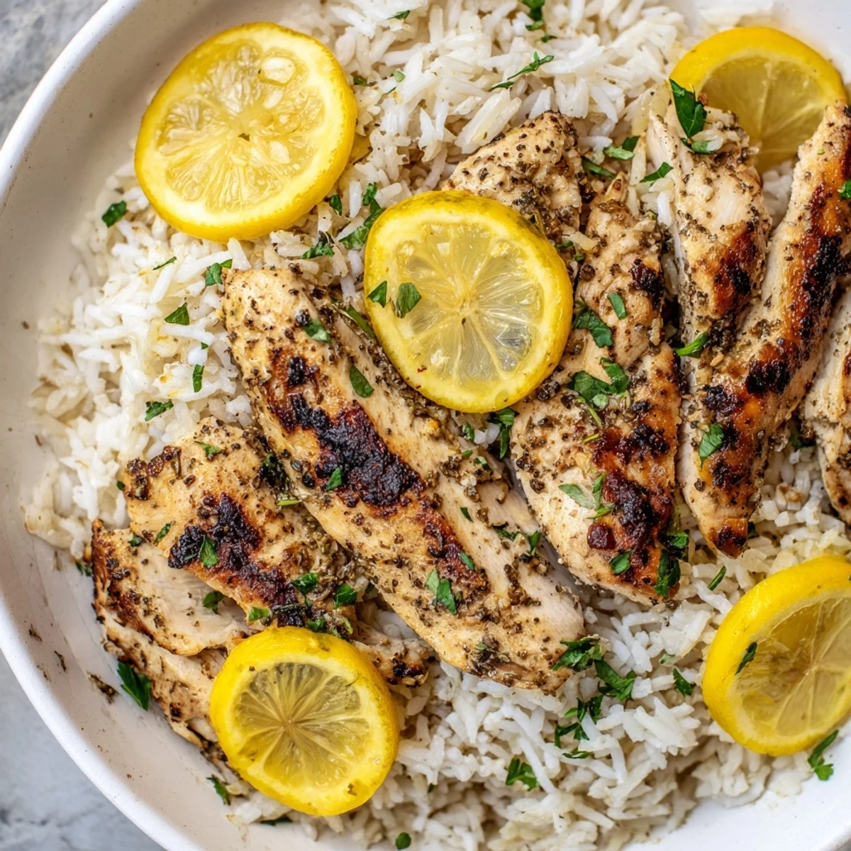 Enjoy the juicy chicken in this Lemon Pepper Chicken dish, served with a bed of fluffy rice for a healthy meal.
