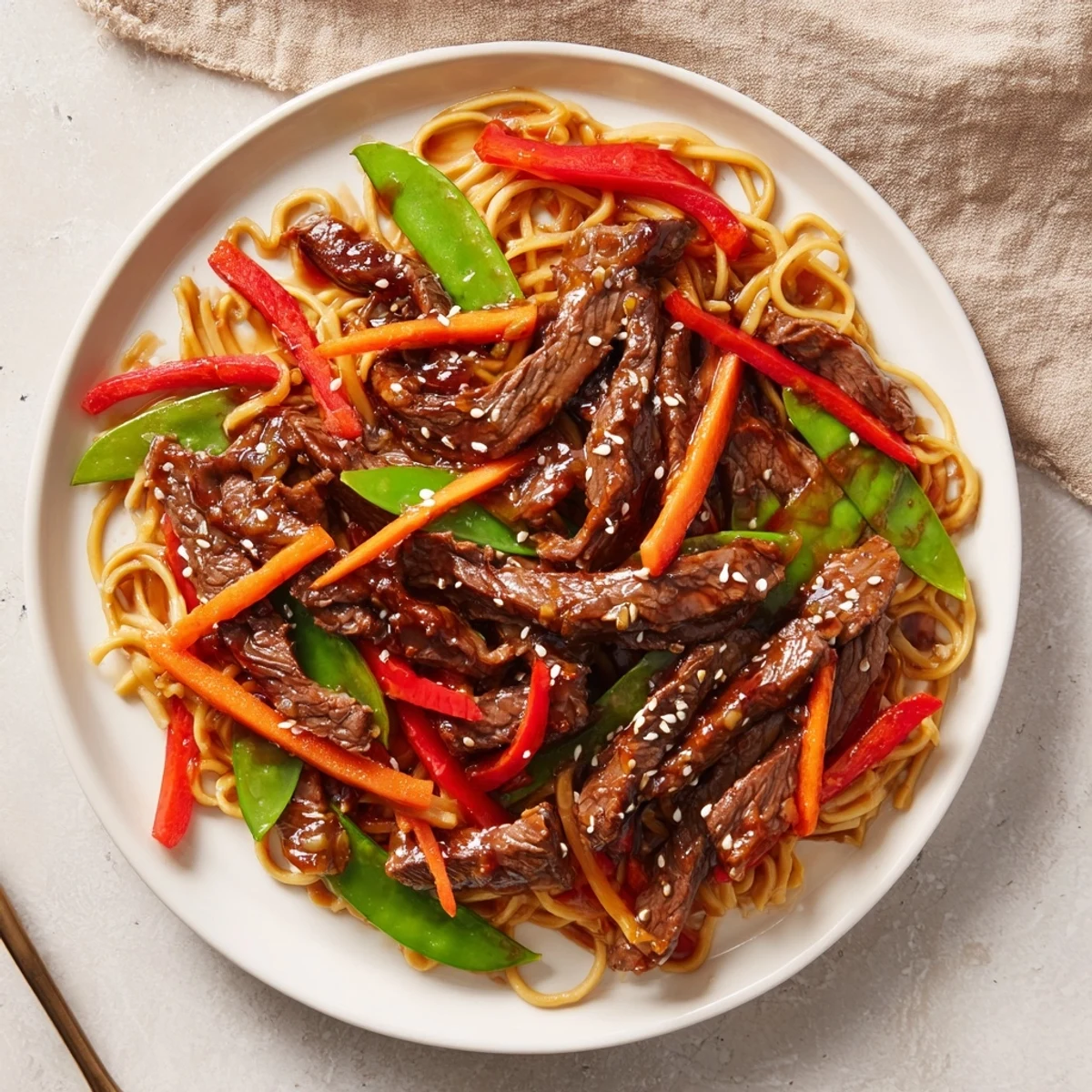 Savory and sweet teriyaki sauce coats the tender beef and noodles in this vibrant Asian-style teriyaki beef & noodle bowl.