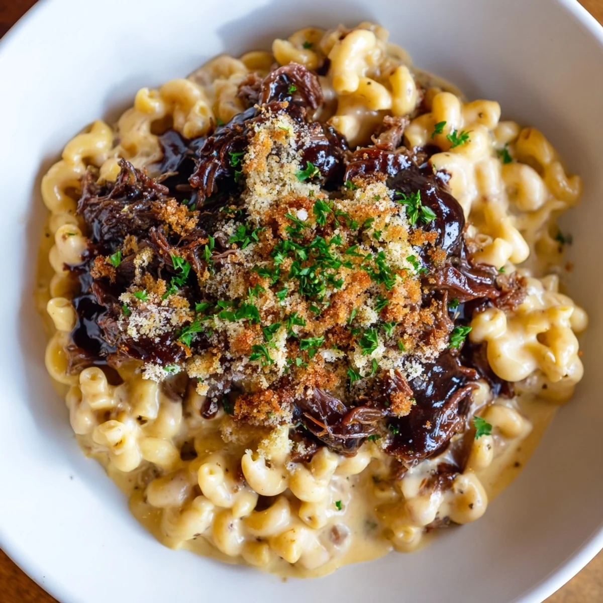 Golden, bubbly barbecue pulled pork mac and cheese, a comforting baked American classic dish.