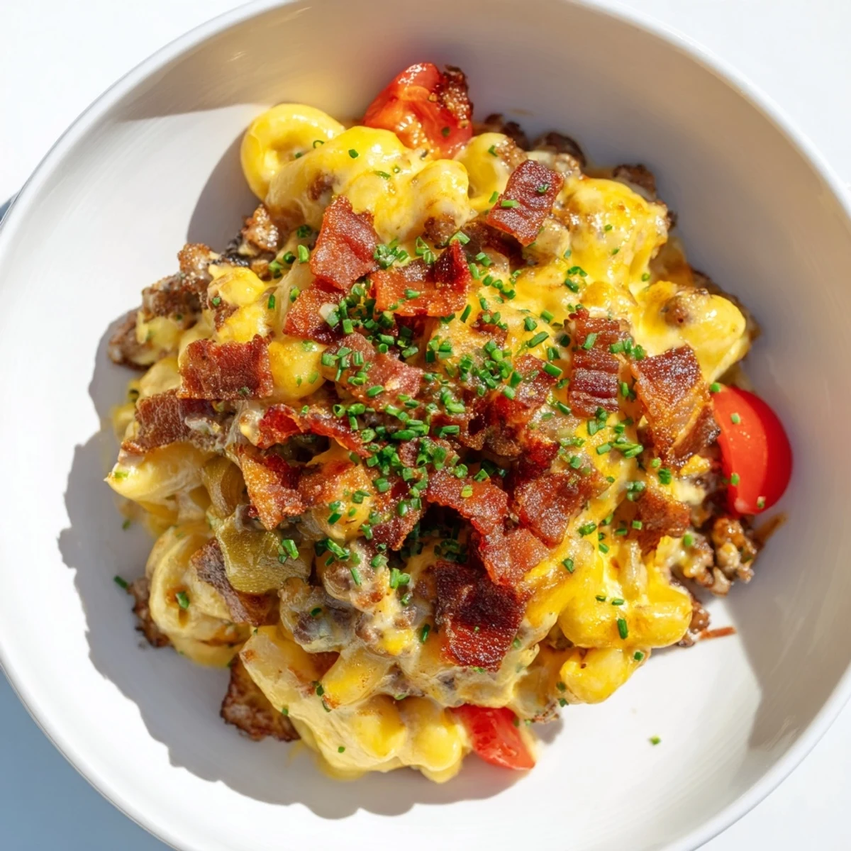 This creamy bacon cheeseburger pasta bake features melted cheese and crispy bacon topping.