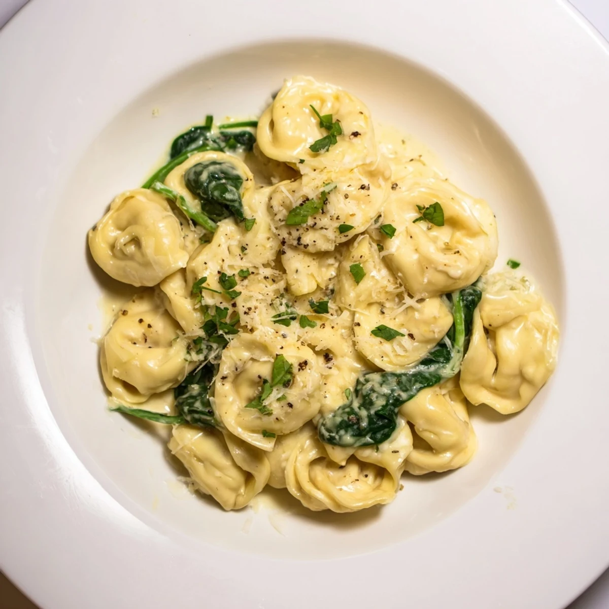 Delicious Creamy Spinach Alfredo Tortellini, a restaurant-quality meal with rich Alfredo and tender pasta.
