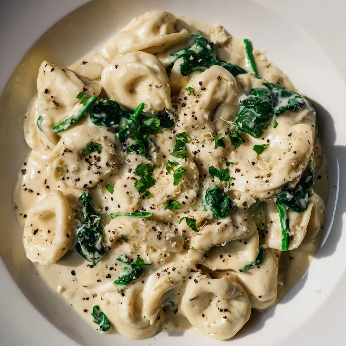Creamy Spinach Alfredo Tortellini, a comforting vegetarian pasta dish with vibrant green spinach cooked to perfection.