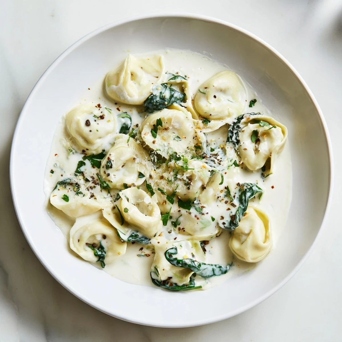 Enjoy this easy Creamy Spinach Alfredo Tortellini, a creamy, cheesy, and satisfying Italian pasta recipe idea.