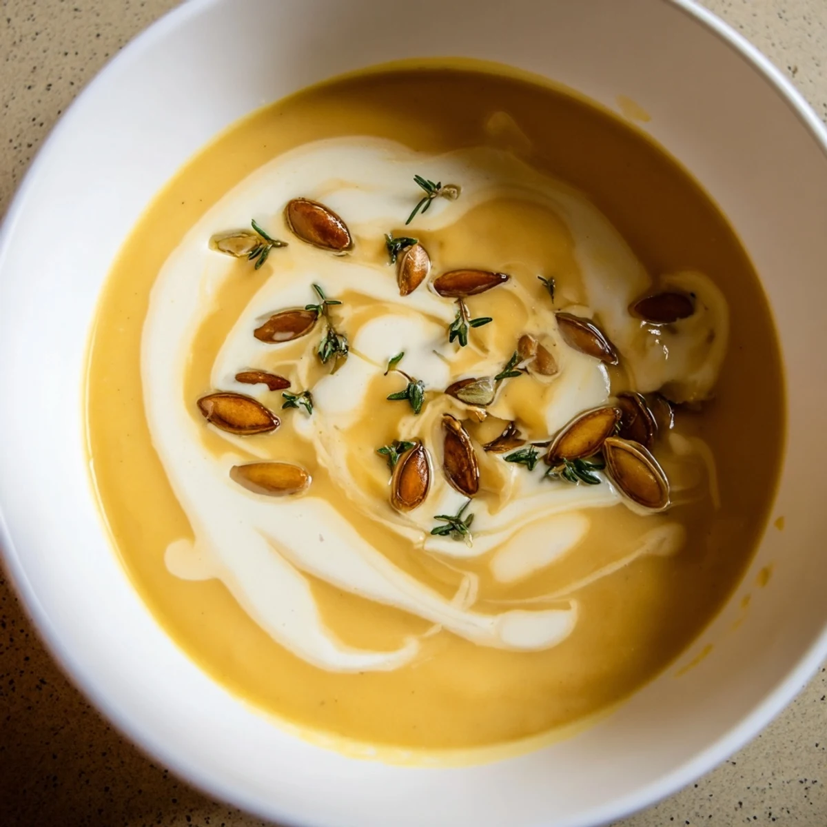 A golden bowl of creamy roasted acorn squash soup, garnished with fresh thyme and pepitas.