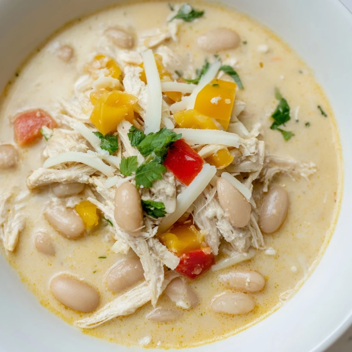 Creamy White Chicken Chili with Beans: a comforting bowl of tender chicken, white beans, and garnished with cilantro.