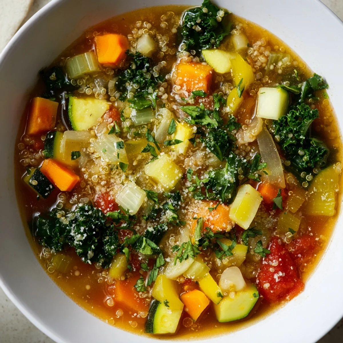 Hearty Minestrone with Quinoa & Winter Greens: a colorful soup filled with vegetables and drizzled with olive oil.