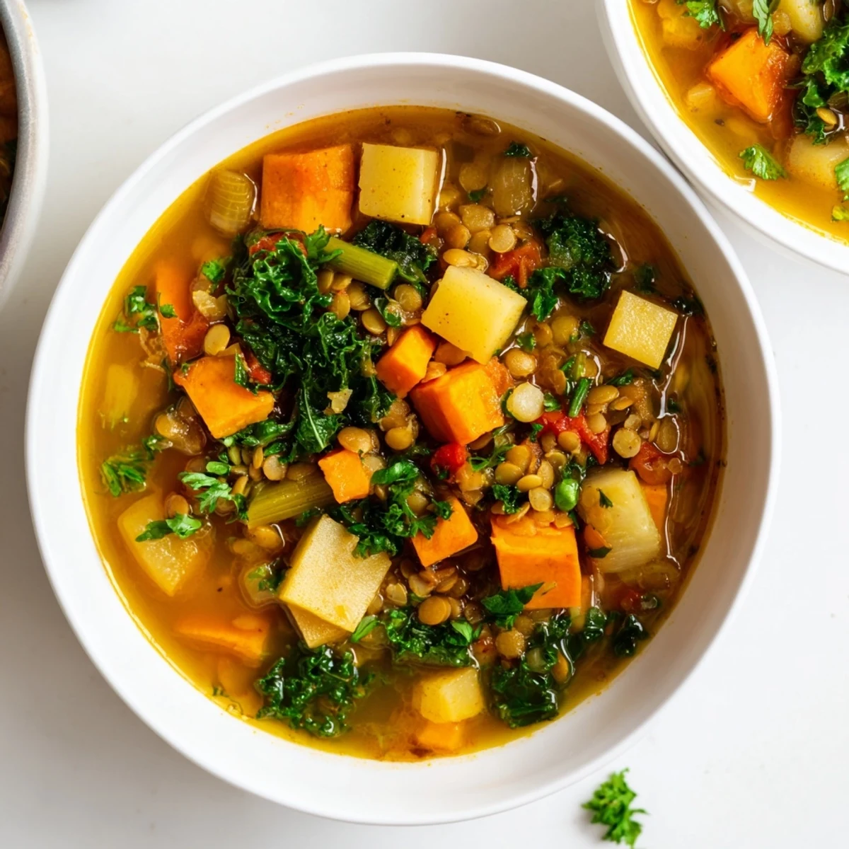 Close-up photo of heart-warming Winter Vegetable & Lentil Soup, full of healthy ingredients and flavor.