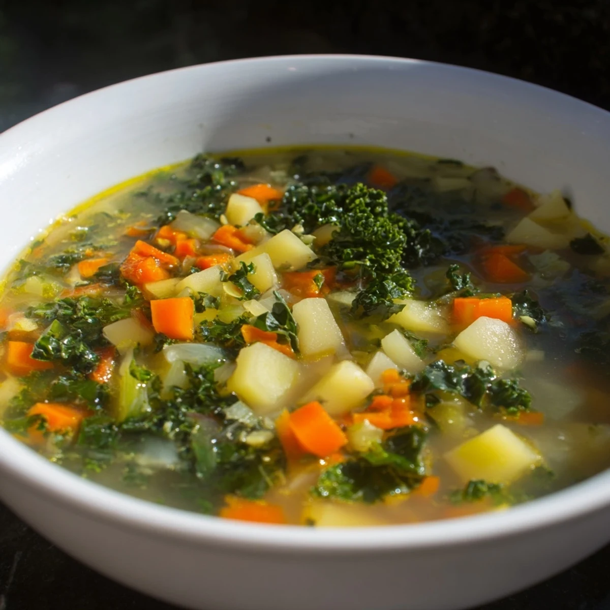 Steam rises from a bowl of Vegetarian Potato-Kale Soup, garnished with fresh herbs and ready to serve.