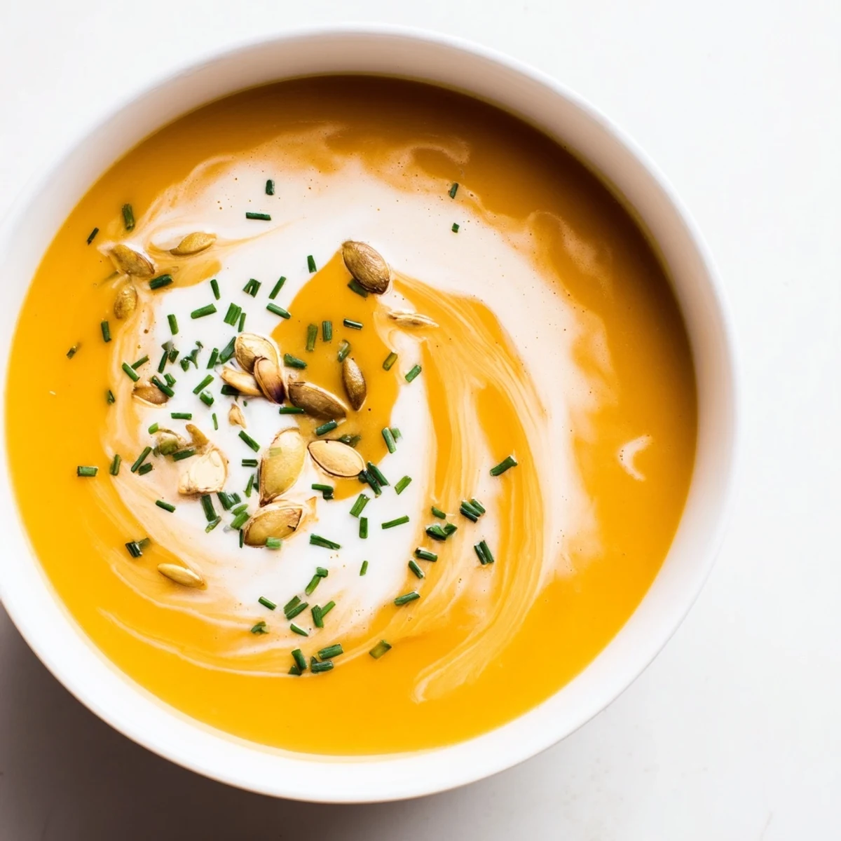 Creamy butternut squash and pear soup, vibrant orange with a swirl, ready to be enjoyed.
