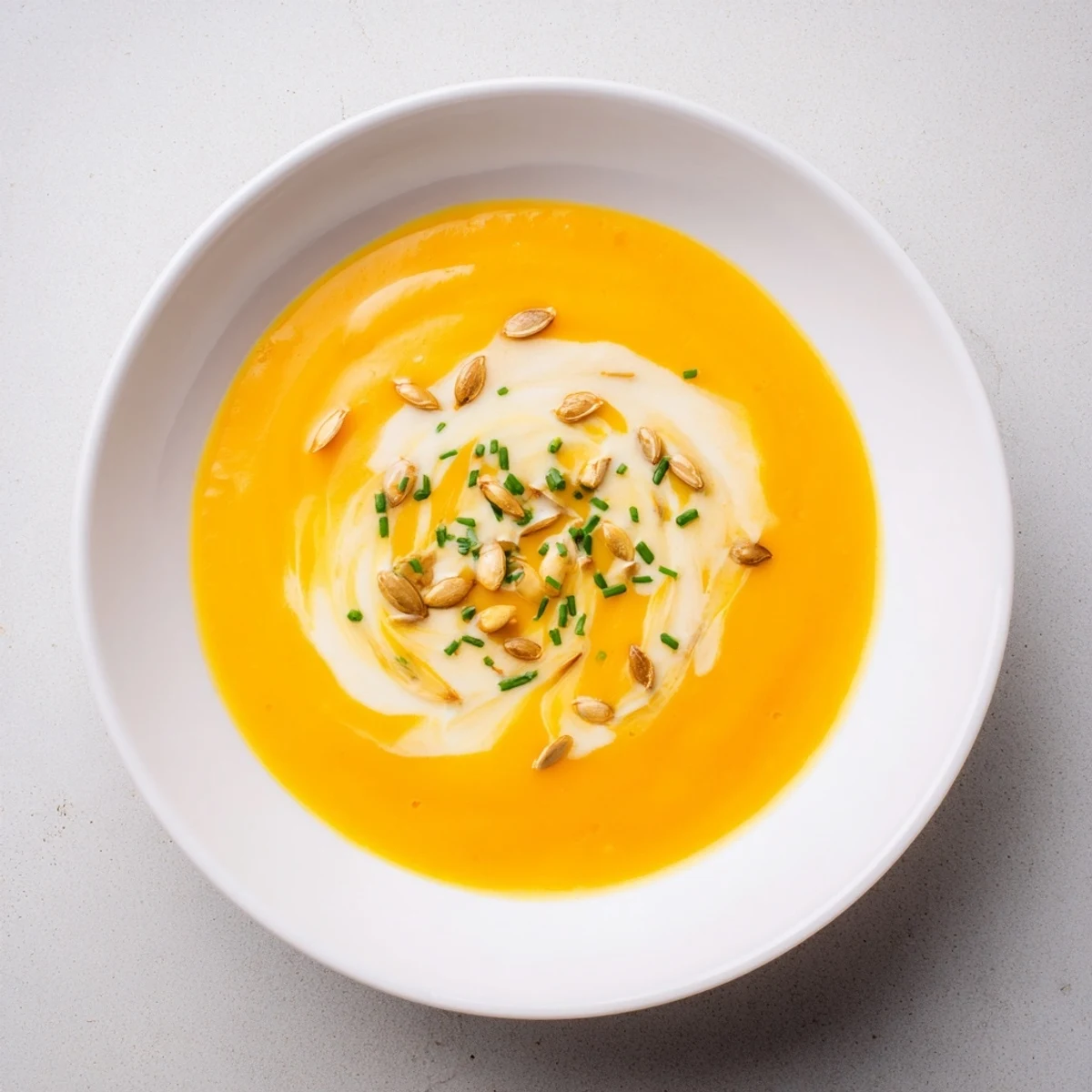 A steaming bowl of butternut squash & pear soup, topped with fresh herbs, perfect for autumn.