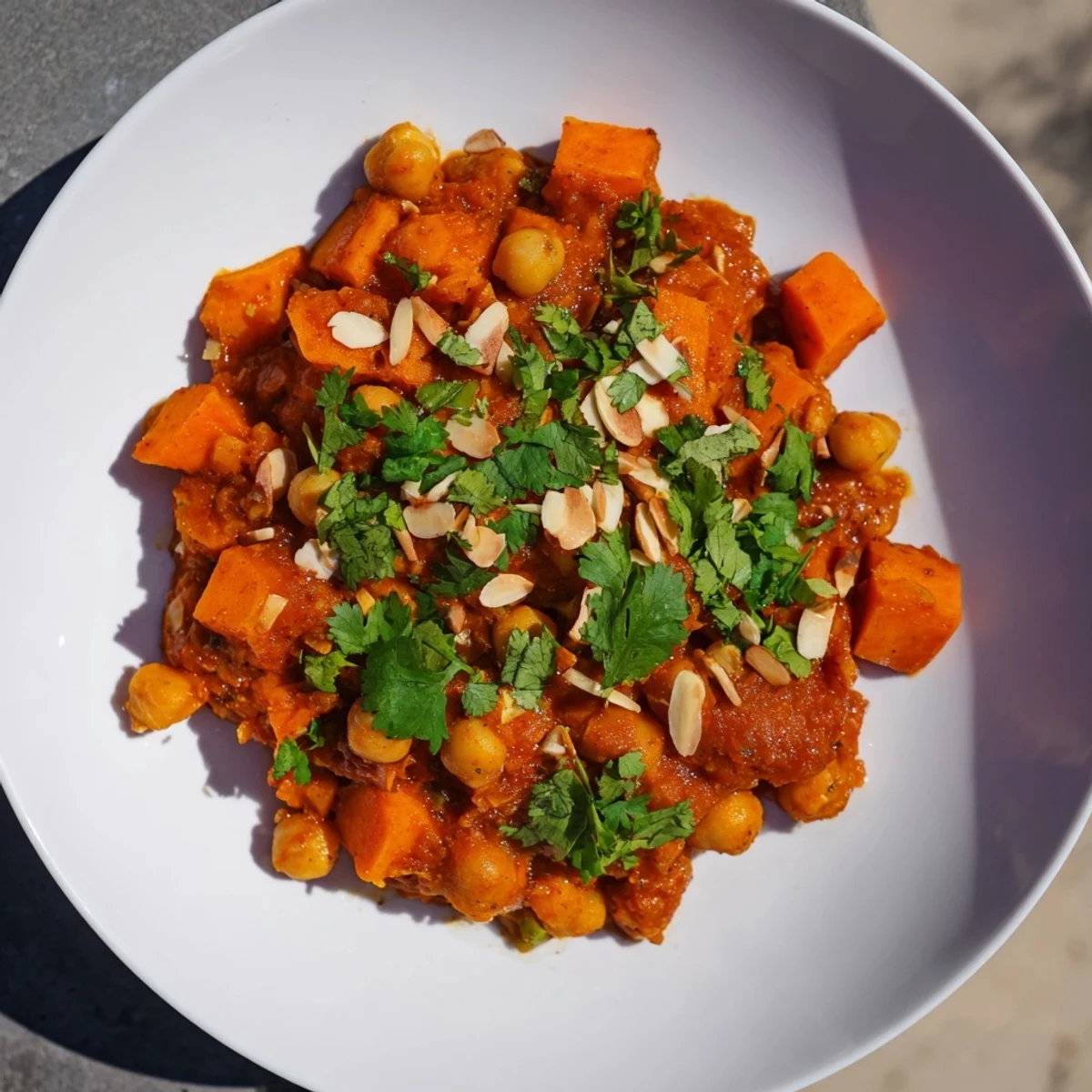 Steaming Moroccan Chickpea & Sweet Potato Tagine, a vibrant, spiced stew ready for serving with fresh cilantro.