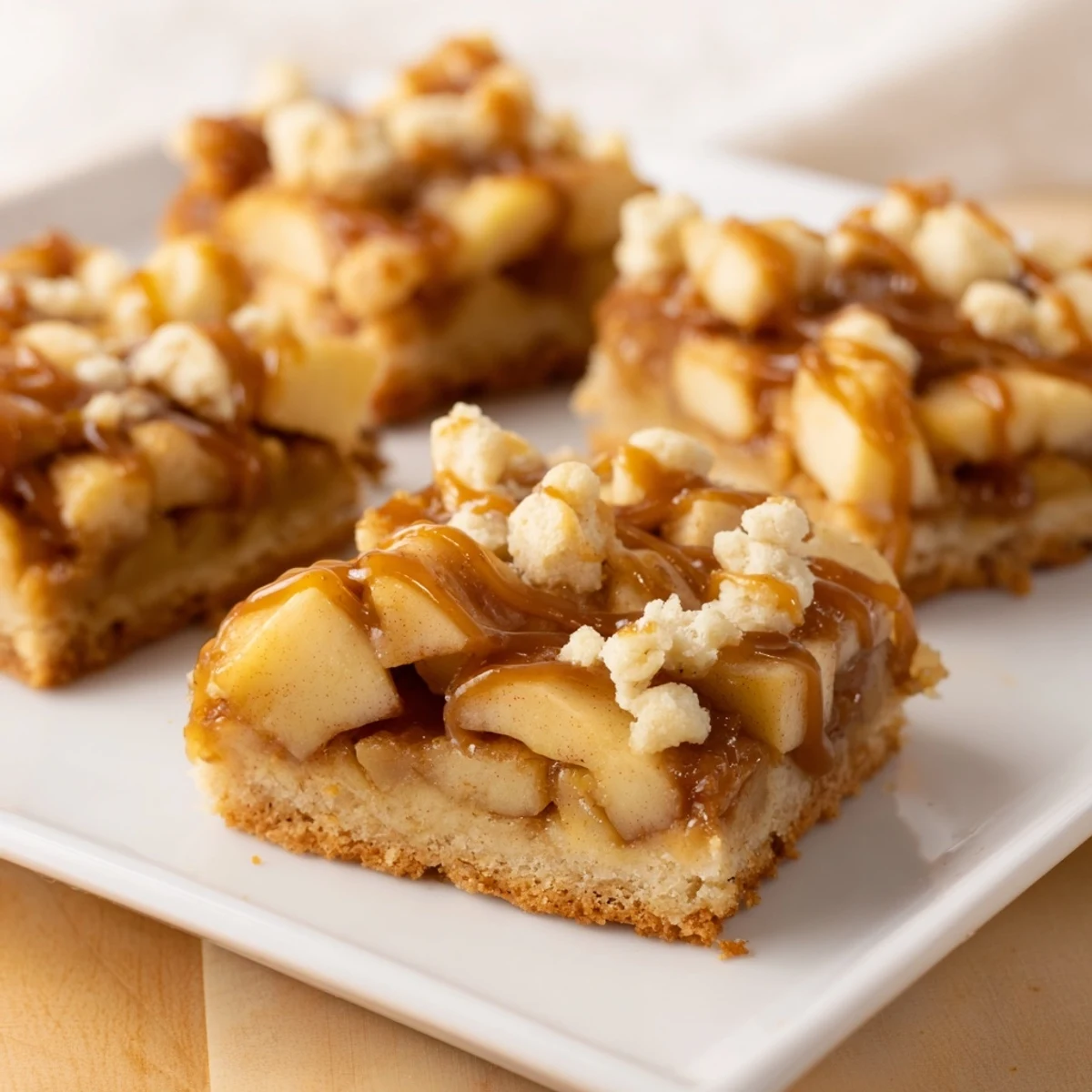 Golden and gooey caramel apple cookie bars, boasting juicy apples and a sweet, comforting aroma.