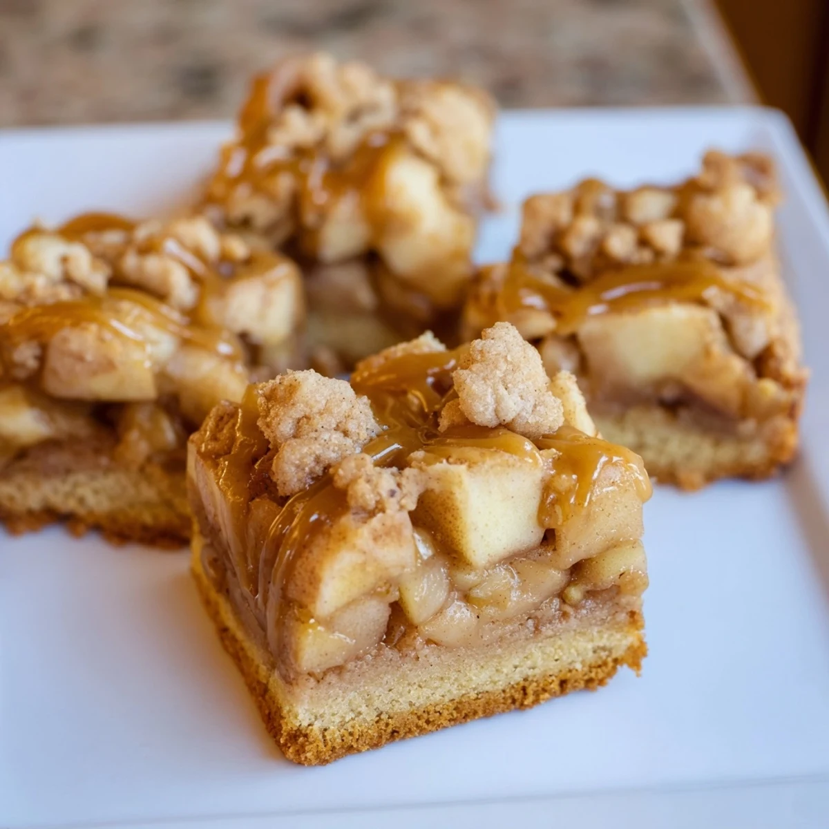 Warm, inviting shot of freshly baked caramel apple cookie bars, perfect for a cozy afternoon snack or dessert.