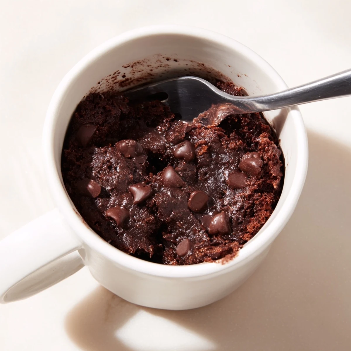 Fluffy microwaved mug cake, warm chocolatey treat, ready for a quick dessert craving.