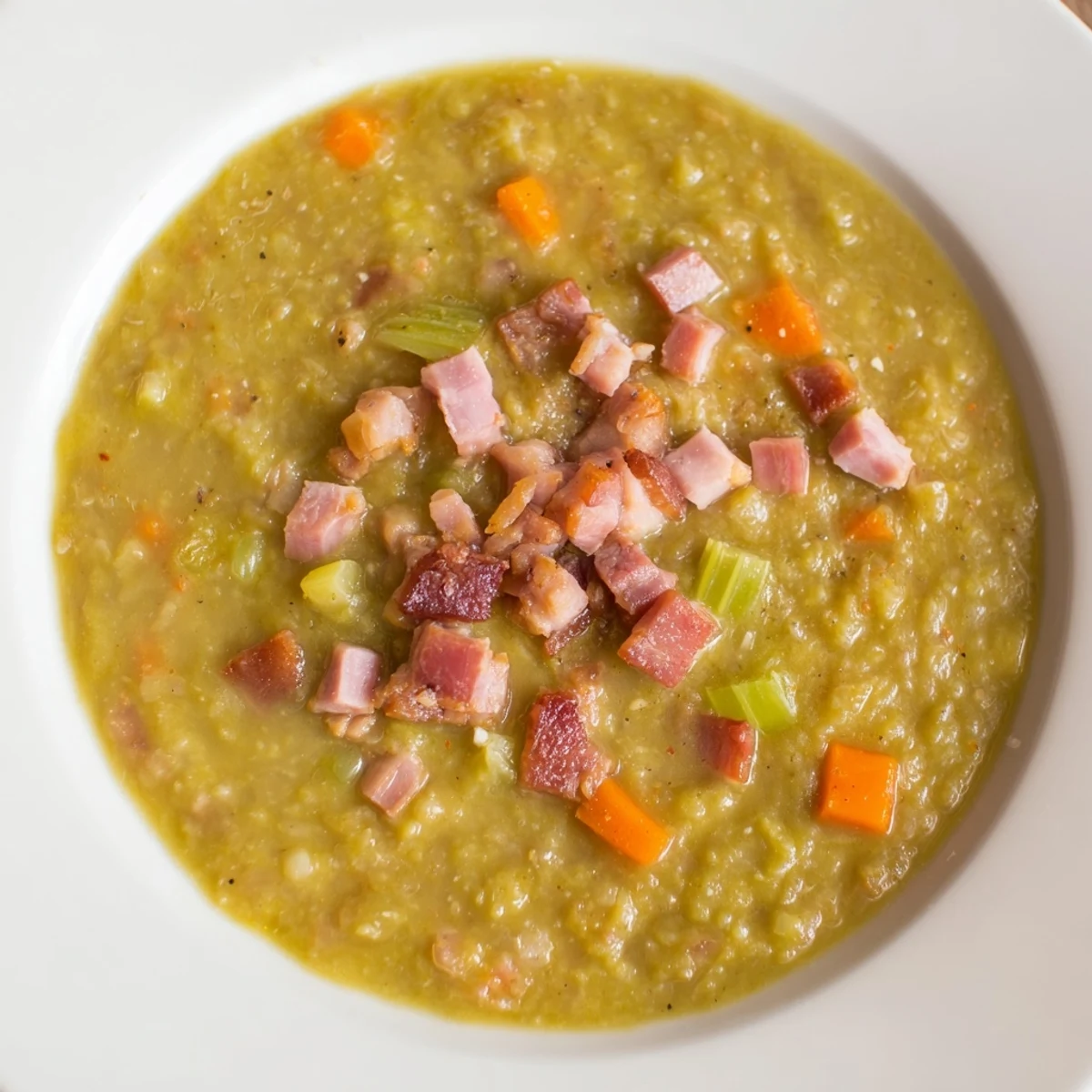 Thick and creamy Split Pea Soup offers a hearty meal, featuring chunks of ham and savory bacon.