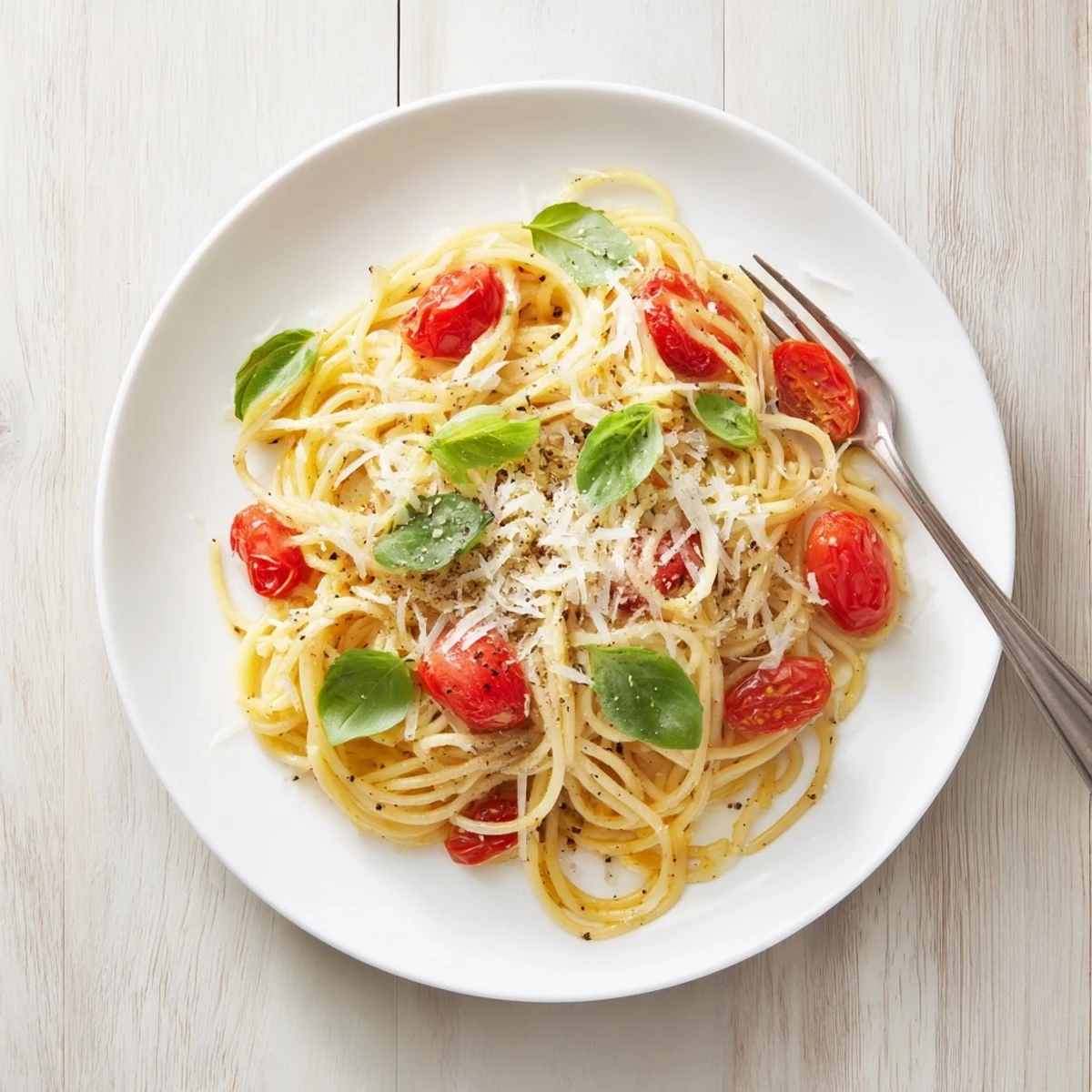 Vibrant photo of Lazy-Girl Pasta, glistening with olive oil and ripe cherry tomatoes, offering Italian flavors.