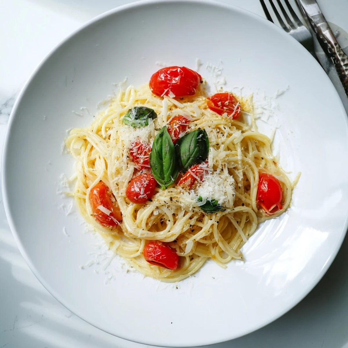 Delicious Lazy-Girl Pasta in a skillet, showcasing spaghetti coated in a rich tomato sauce, ready to eat.