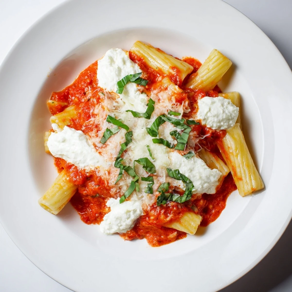 A close-up of cheesy One-Pan Baked Ziti, showcasing bubbly, melted cheese over the perfectly cooked pasta.