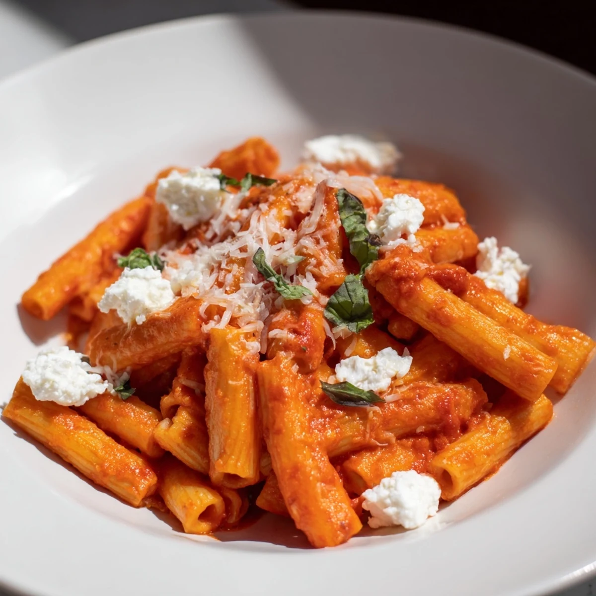Golden-brown One-Pan Baked Ziti, steaming and garnished with fresh herbs, smells delicious and inviting.
