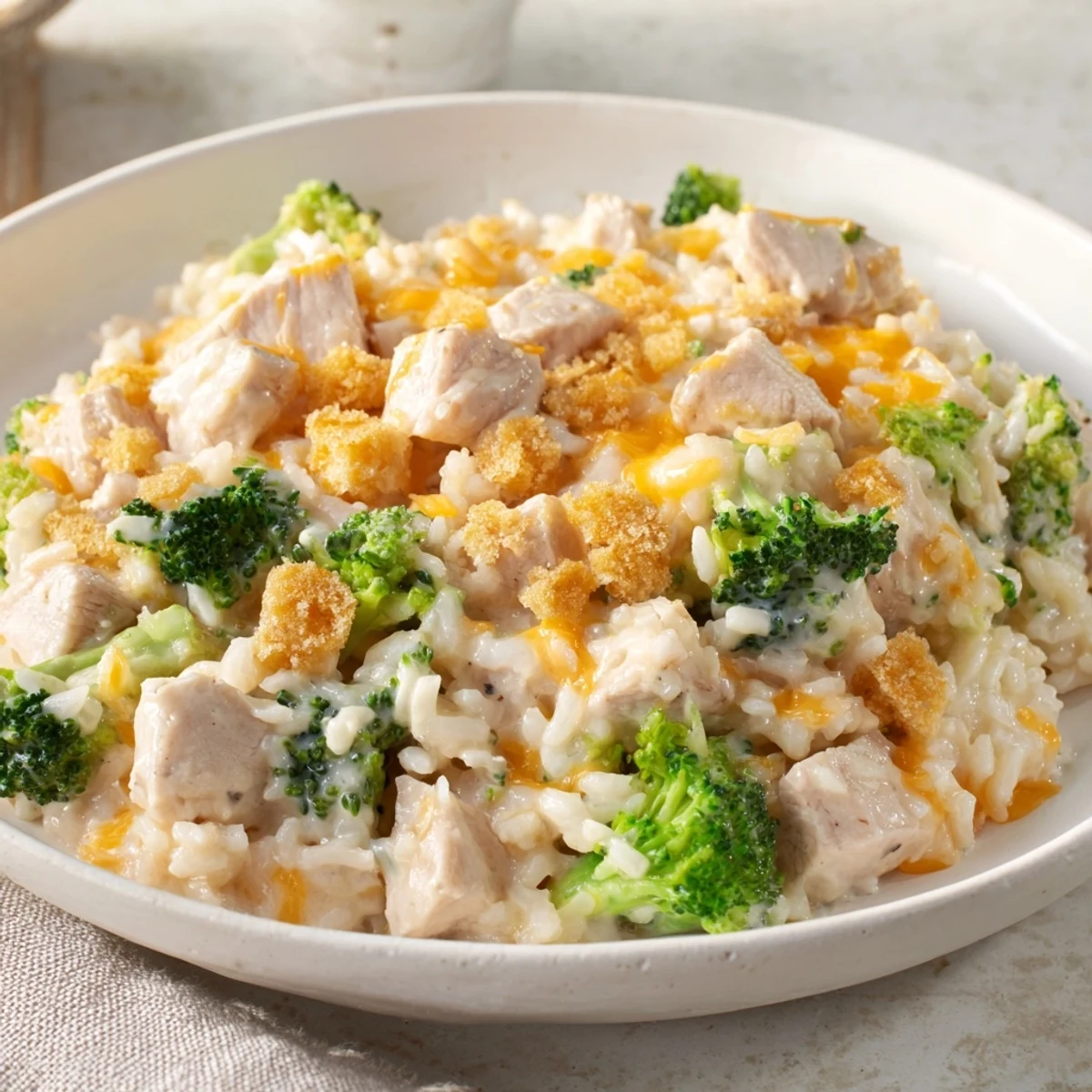 Steaming, golden Chicken & Broccoli Rice Casserole, bubbly and cheesy, perfect for a cozy dinner.