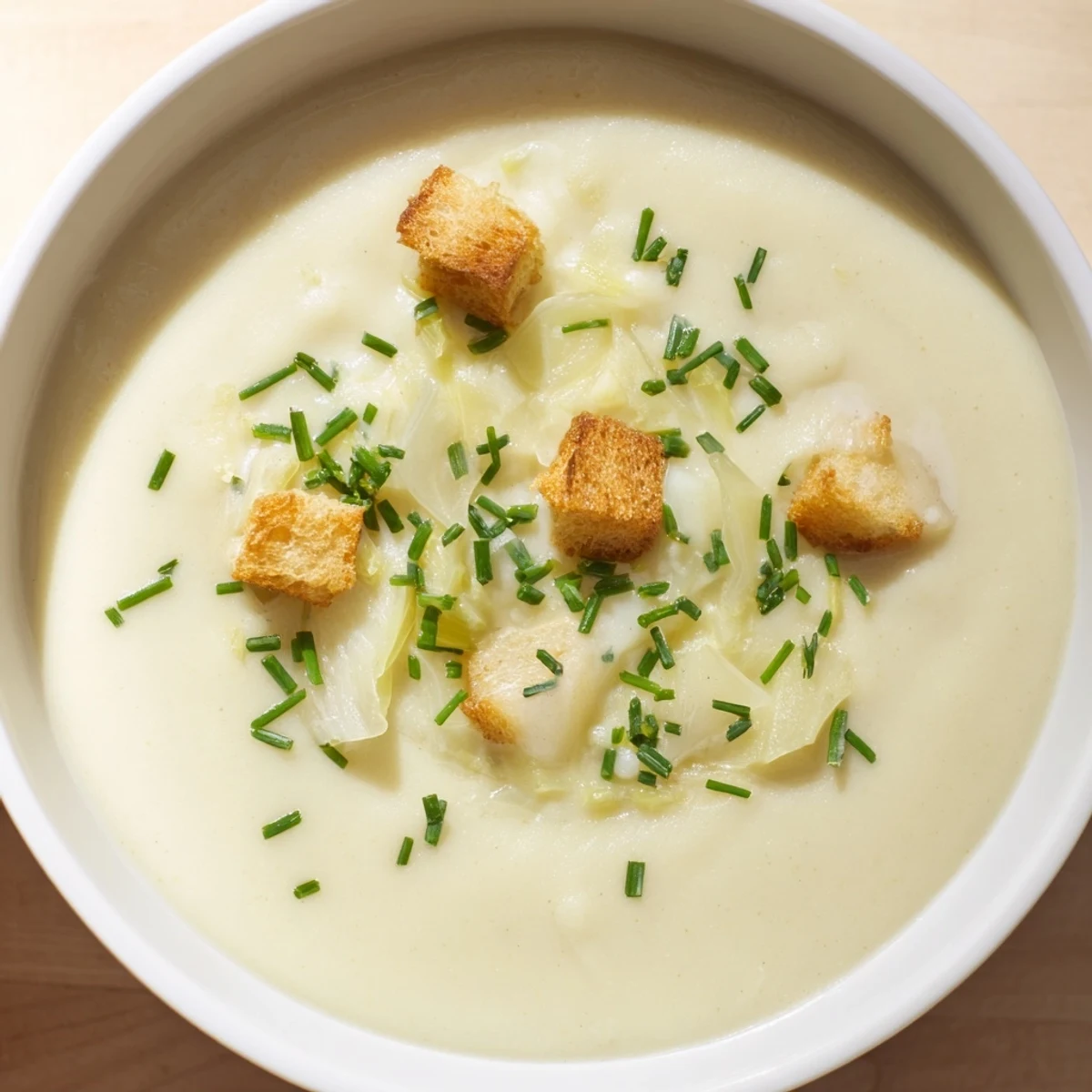 Steaming bowl of Potato Leek Soup, garnished with chives, ready to warm you up.