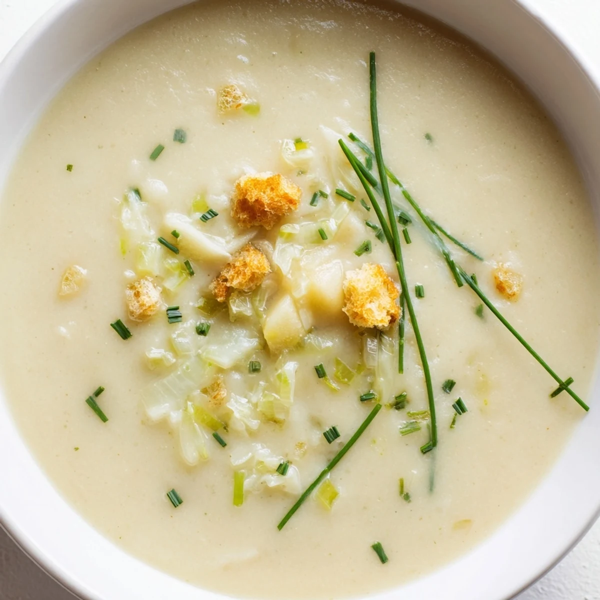 Creamy and smooth Potato Leek Soup, a comforting vegetarian soup with rustic croutons.