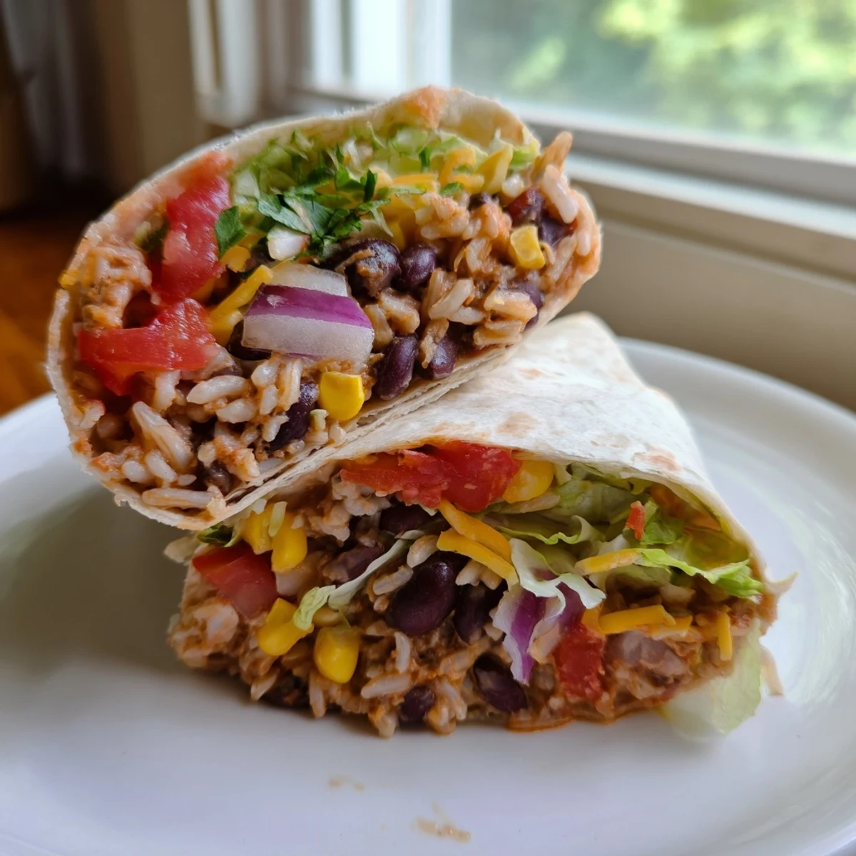 Steaming hot Rice & Bean Burritos, packed with colorful veggies and savory beans, ready to eat.