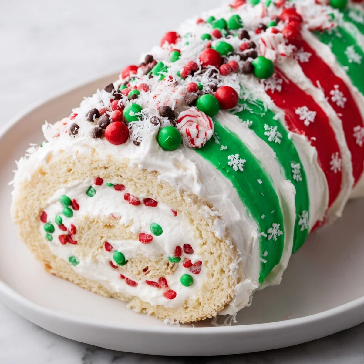 Ugly Sweater Cake Roll, a festive dessert, frosted with red and green designs and adorned with holiday sprinkles.