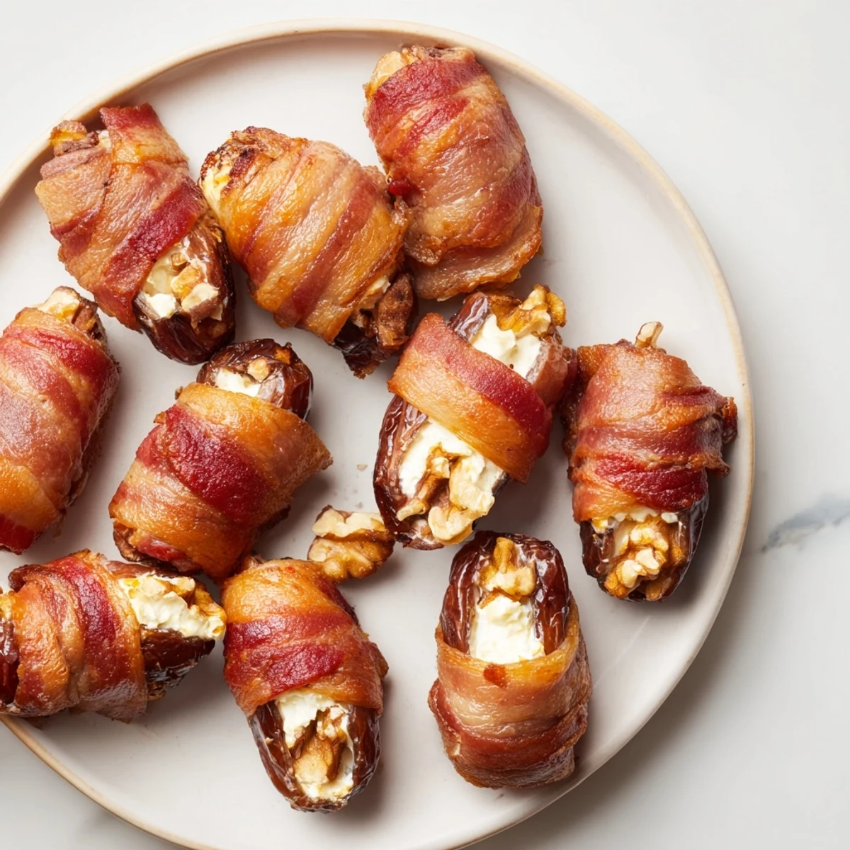 Golden-brown bacon-wrapped dates stuffed with creamy cheese and nuts, a delightful appetizer.