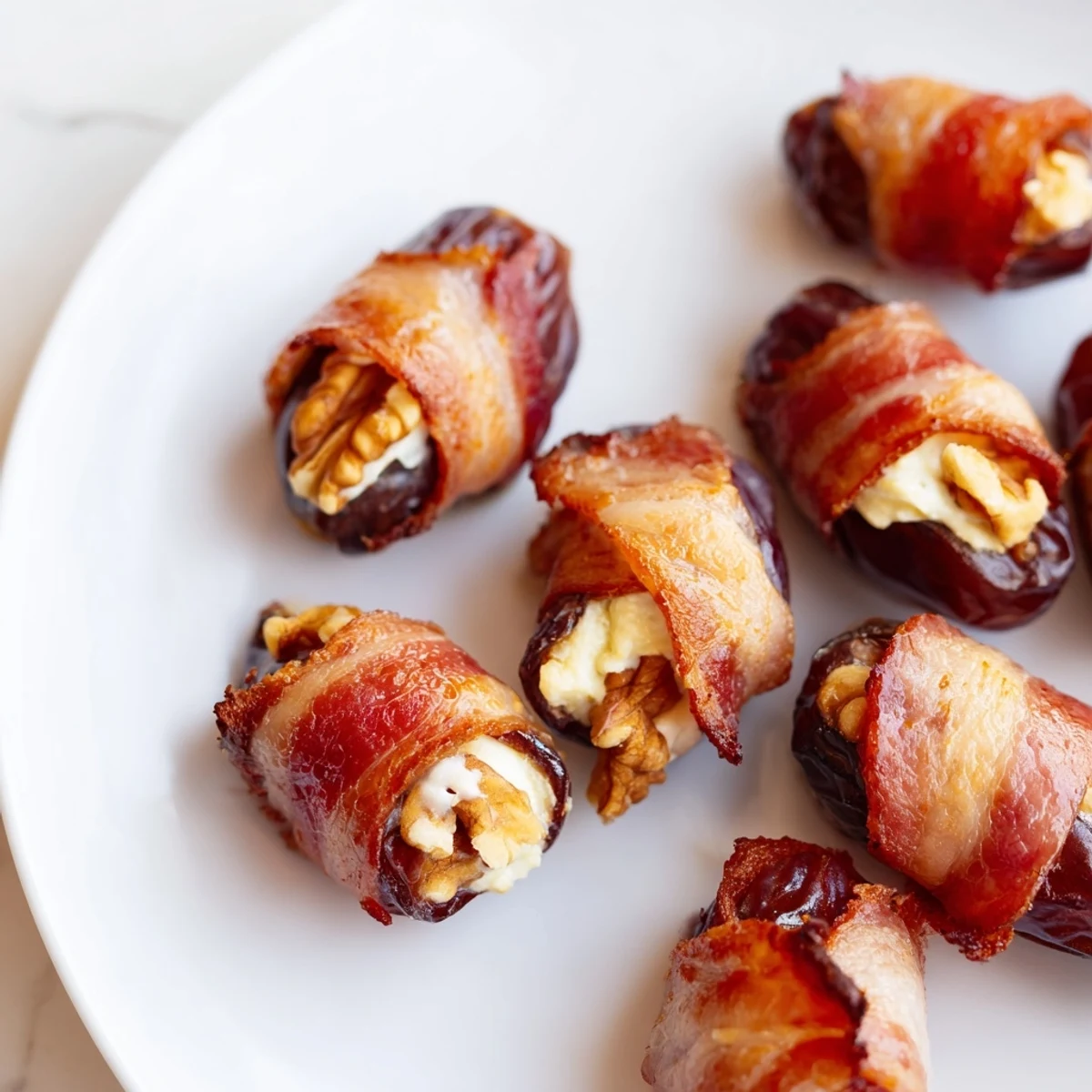 Savory bacon-wrapped dates, oozing with cream cheese and walnuts, perfect for any gathering.