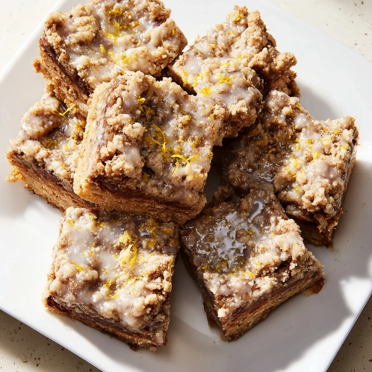Delicious, spiced gingerbread crumble bars, glistening with a bright lemon glaze topping.