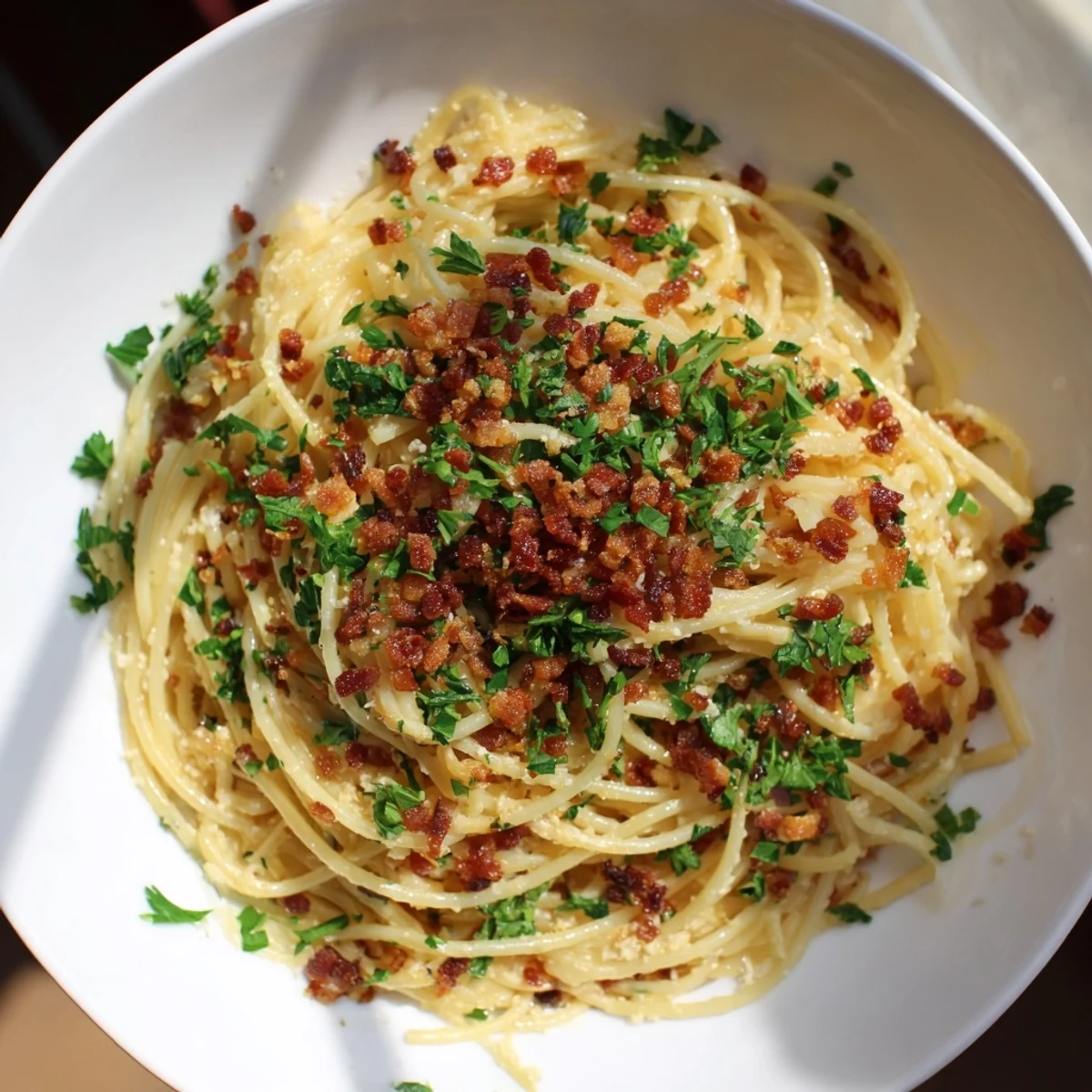This Garlic Butter Pasta features perfectly cooked spaghetti and a flavorful bacon topping.